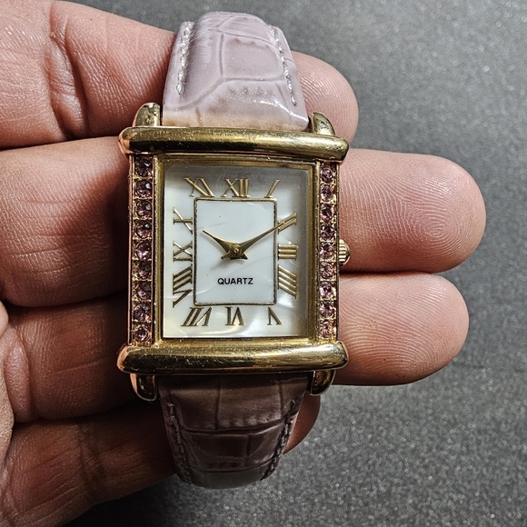 Ladies Quartz Fashion Tank Style Watch MOP Roman Dial Purple Crystals Working sh - Picture 1 of 10